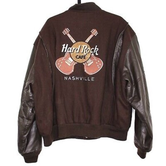 Vintage Hard Rock Cafe Mens XL Brown Embroidered Varsity Jacket RARE F1194